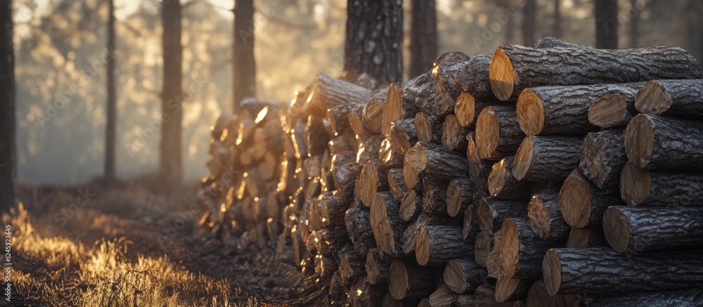 Poster sunlit forest scene with neatly stacked firewood logs creating a natural ambiance surrounded by tree