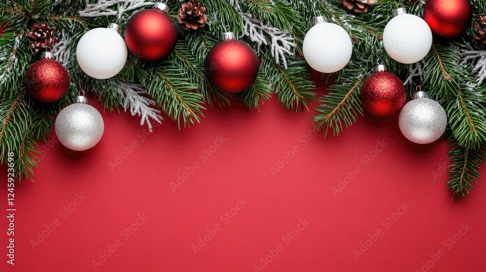Poster christmas card mockup with fir branches and ornaments on a red background offering empty space for p