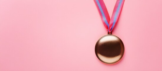 Bronze medal with pink ribbon on soft pink background blank space for text celebration or achievement concept