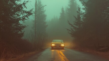 Car driving on a foggy road in the middle of a forest. the car is in the center of the image, with its headlights on, and it is driving towards the right side of the road.