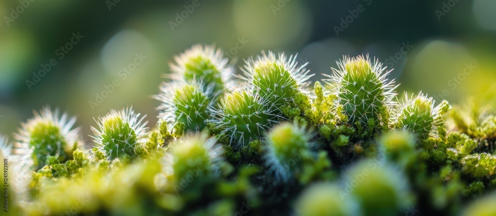 Poster close up view of a vibrant green cactus covered in sharp white spines showcasing natural beauty and 