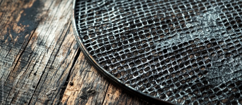 Poster aluminum mesh circle on distressed wooden surface highlighting texture and contrast in a rustic sett