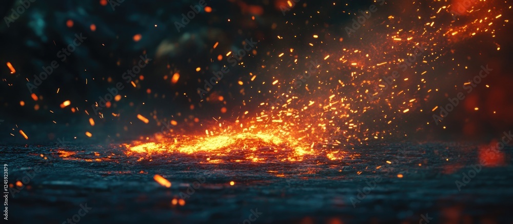 Poster fiery red sparks glowing from bonfire creating a beautiful abstract background in dark surroundings 