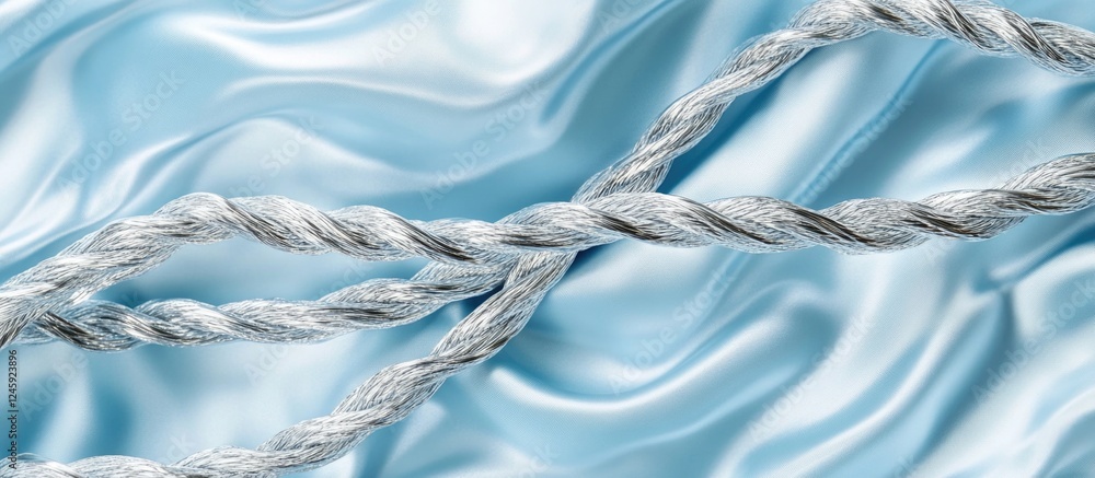 Poster braided silver cord on shimmering blue satin background creating a luxurious and elegant texture vis
