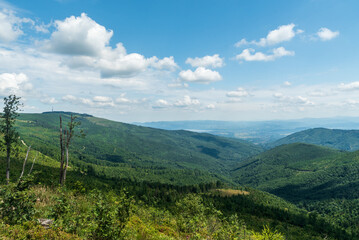 Fototapeta premium View from Malinowska Skala hill in Beskid Slaski mountains in Poland