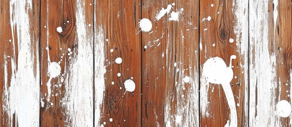 Poster Brown wooden texture with white paint splatters creating a rustic and artistic backdrop for creative projects and design purposes