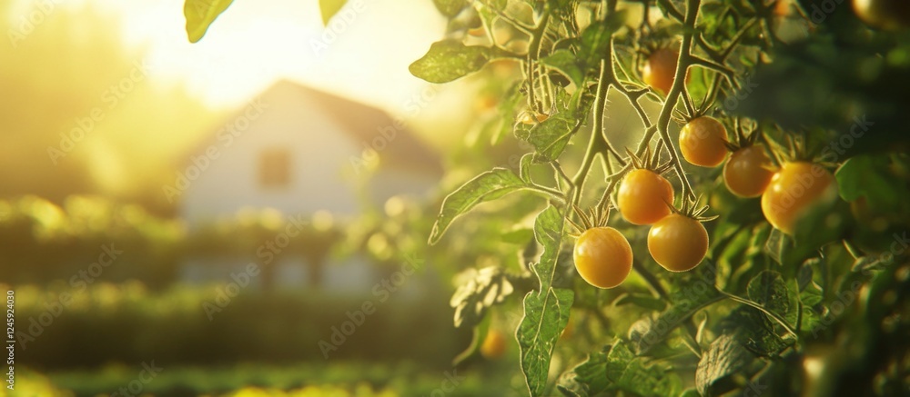 Poster fresh yellow cherry tomatoes on vine with lush greenery and a farmhouse in the background illuminate