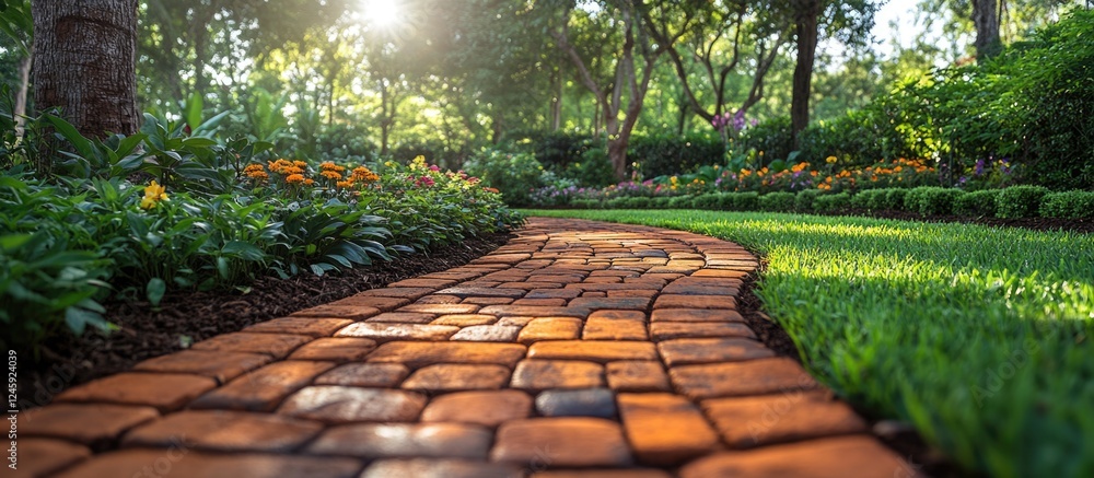Poster curved brick pathway surrounded by vibrant greenery and flowers in a serene garden setting with sunl