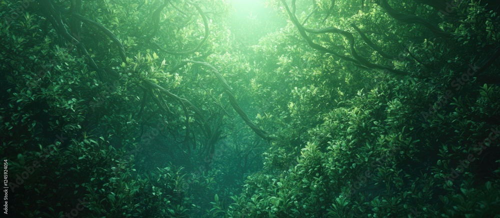 Aufkleber Lush green foliage and abstract branches creating a serene nature background with soft light illuminating the tranquil forest atmosphere