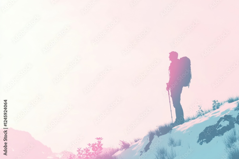 Poster majestic view with a hiker on a mountain ridge during sunrise and open space for personal thoughts. 