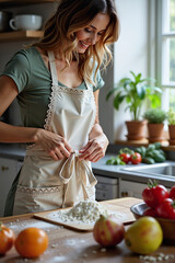 Obraz premium Cheerful woman tying apron in bustling kitchen, family dinner preparation