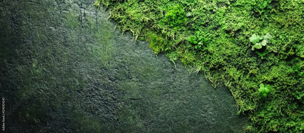 Poster ancient stone wall with moss balanced texture and empty space for text ideal for background design o