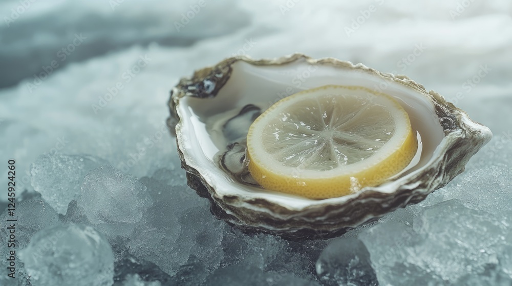 Aufkleber fresh oyster on ice with lemon slice close up offering empty space for text in seafood culinary or r
