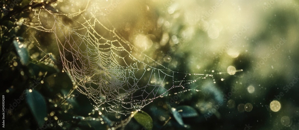 Poster macro view of a delicate spiderweb adorned with shimmering water droplets in a soft natural backgrou