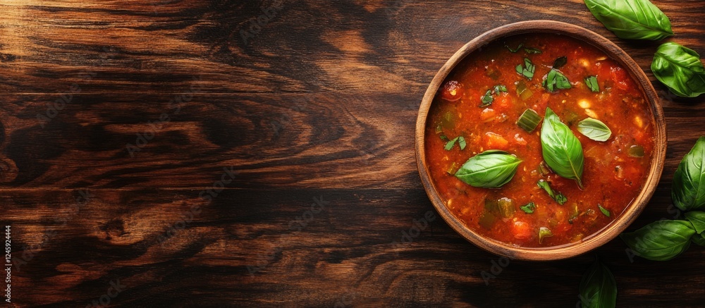 Aufkleber tomato soup in a wooden bowl garnished with fresh basil on a rustic wooden background with space for