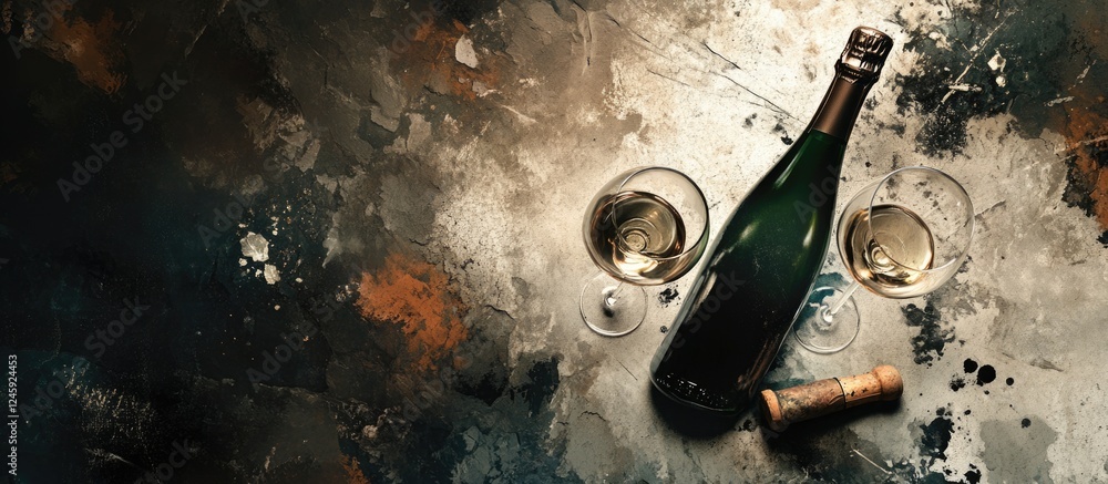 Poster Elegant champagne bottle with two glasses on a textured background featuring empty space for personalized text or branding.