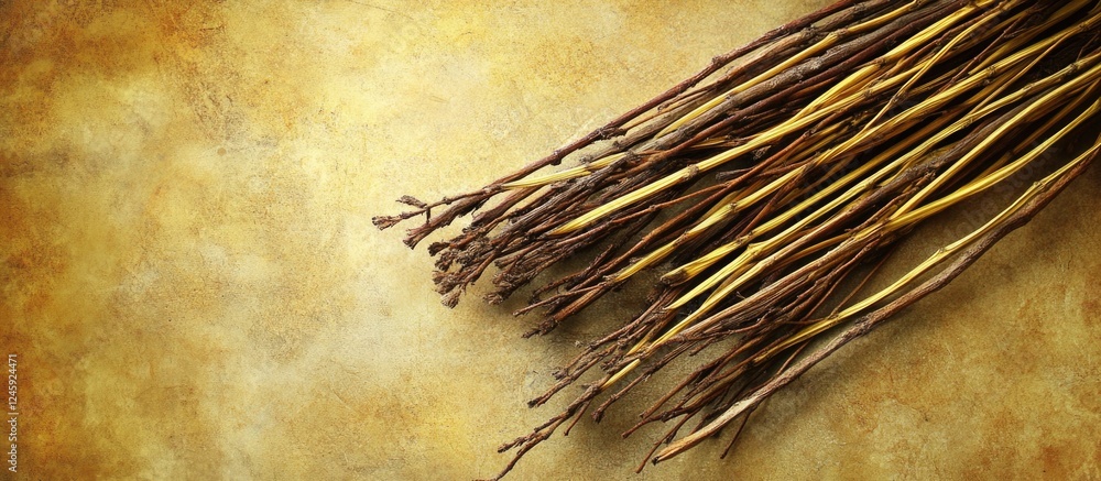 Poster textured background featuring a bundle of thin, withered twigs in shades of yellow, showcasing the r