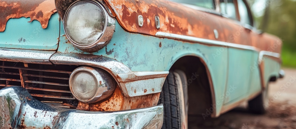 Poster close up of a vintage car with rust and dents showcasing its classic details and ample space for tex