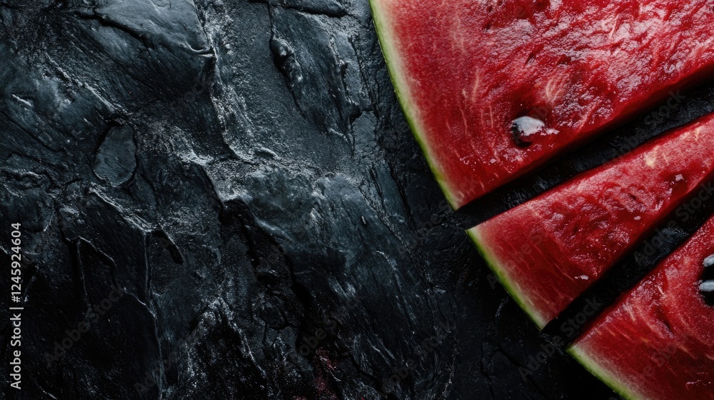 Poster close up of sliced watermelon on dark textured background with ample space for branding or text plac