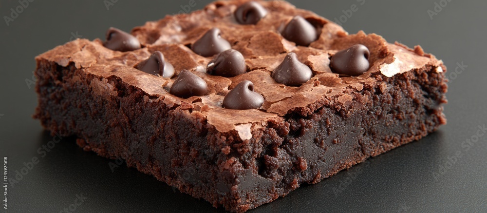 Poster decadent chocolate brownie with chocolate chips displayed on a sleek black table surface.