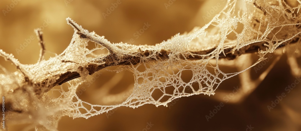 Aufkleber close up of a frost-covered cobweb on a branch showcasing intricate ice crystals against a warm brow