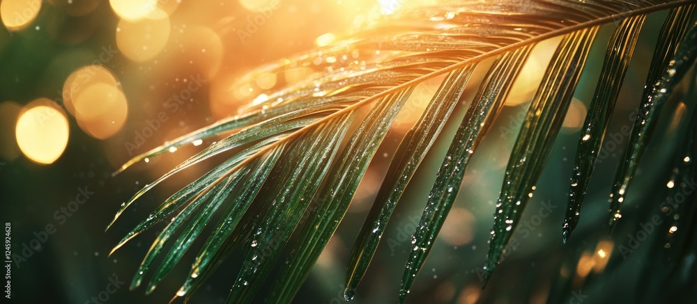 Poster close up of a banana palm leaf illuminated by sunlight with water droplets and soft bokeh background