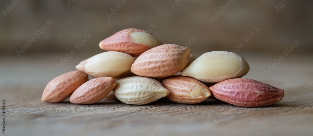Poster close up of fresh raw peanuts stacked on a rustic wooden surface highlighting their unique textures 
