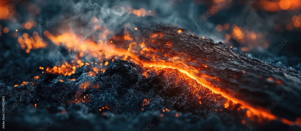 Poster fiery close-up of burning wood in a fireplace with smoke and vibrant orange flames creating a cozy a
