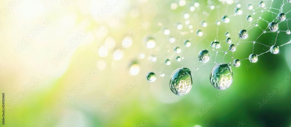 Poster macro shot of a delicate spiderweb adorned with shimmering water droplets reflecting light in a soft
