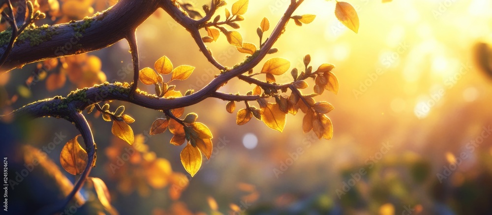 Aufkleber golden leaves on tree branches illuminated by warm sunrise in a tranquil spring forest setting showc