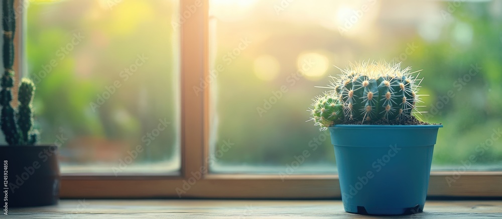Aufkleber cactus in a blue plastic pot by the window with sunlight creating a warm atmosphere and ample space 