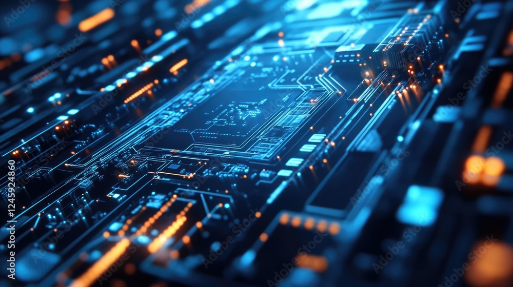 Poster close up of advanced hdd technology with circuit board details and illuminated components for digita