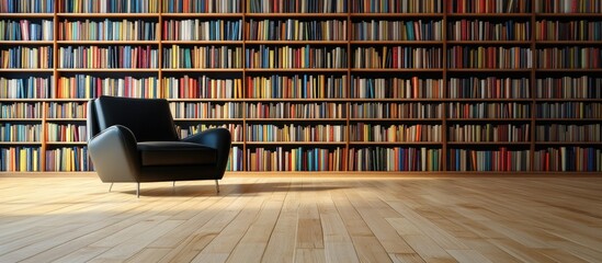 Fototapeta premium Minimalist living room with black armchair and extensive bookshelves showcasing wooden floors and ample wall space for text or product display