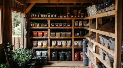 Wooden Storage Shelves Filled with Grains and Seeds