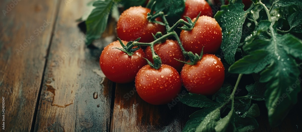 Aufkleber freshly harvested ripe tomatoes on a wooden surface with water droplets creating a vibrant and appet