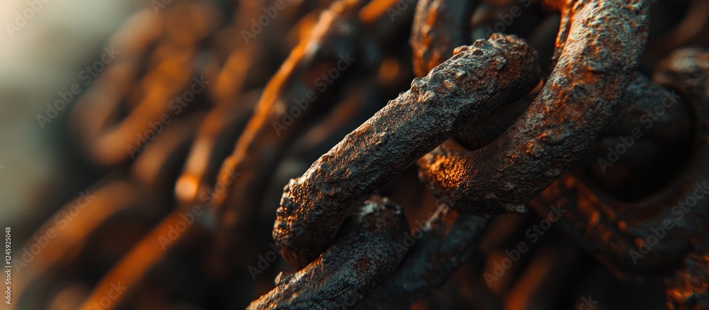 Poster close up of rusty metal chain links piled together showcasing the texture and details of disused scr