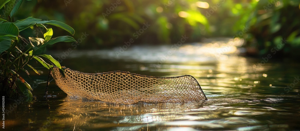 Poster close up of a fishing net resting in a tranquil river surrounded by lush greenery and warm sunlight 
