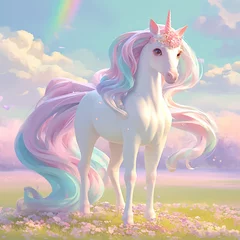A cartoon unicorn with rainbow hair stands in a field of flowers. The scene is bright and cheerful, with the unicorn looking up at the camera with a smile