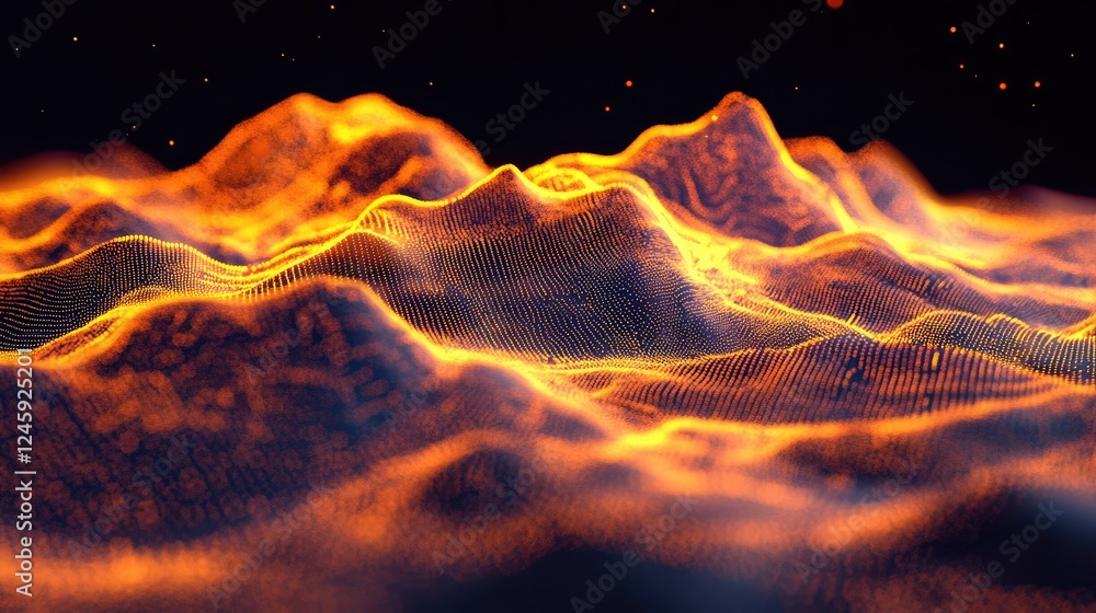 Poster complex topographic data with glowing particles and lines forming a digital landscape, symbolizing c