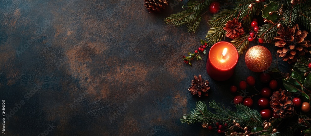 Poster festive decor featuring candles and pine elements with empty space for text ideal for christmas or h