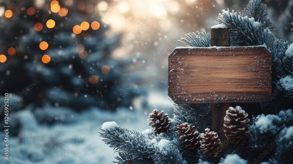 Poster christmas mockup featuring wooden sign embedded in snowy pine landscape with bokeh background and am
