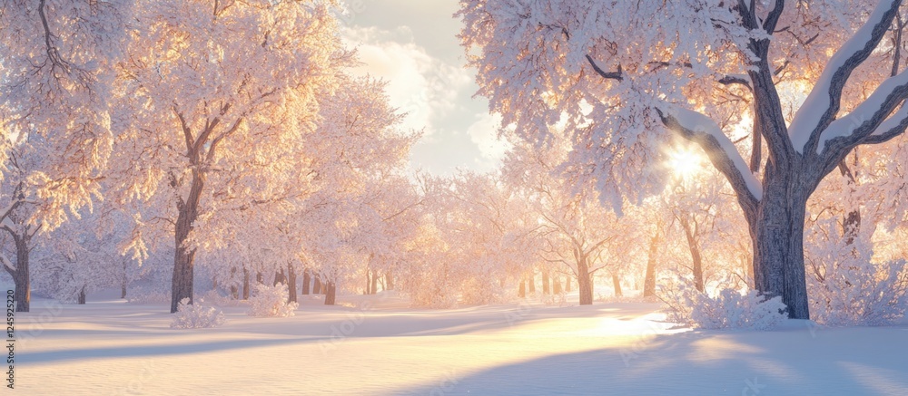 Poster Winter Scene with Snow-Covered Branches and Sunlight Filtering Through Frosted Trees in a Serene Landscape