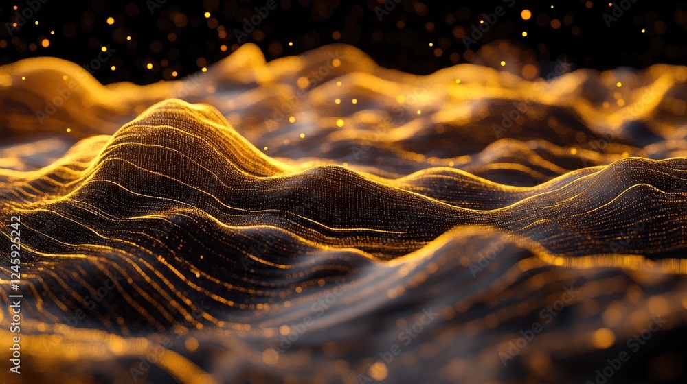 Poster complex topographic data with glowing particles and lines forming a digital landscape, symbolizing c