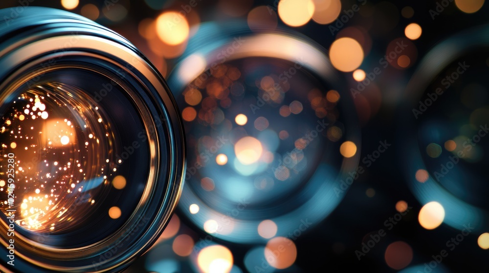 Poster clear camera lenses reflecting light with bokeh effect and blank space for text placement