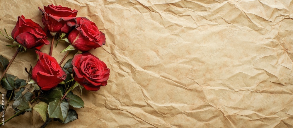 Poster Top view of a bouquet of red roses on crumpled paper with ample blank space for personalized text or creative designs