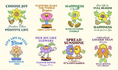 Flowers groove cartoon vector set. Happy blooming t-shirt design, spring graphic illustration. Inspirational quotes bundle for clothing design and merch