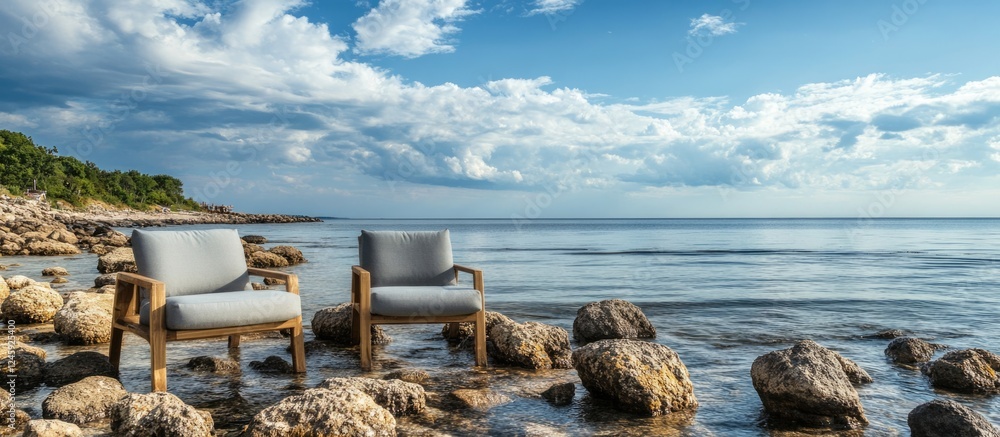 Poster Serene rocky beach with two chairs overlooking tranquil water and dynamic clouds providing ample space for text placement