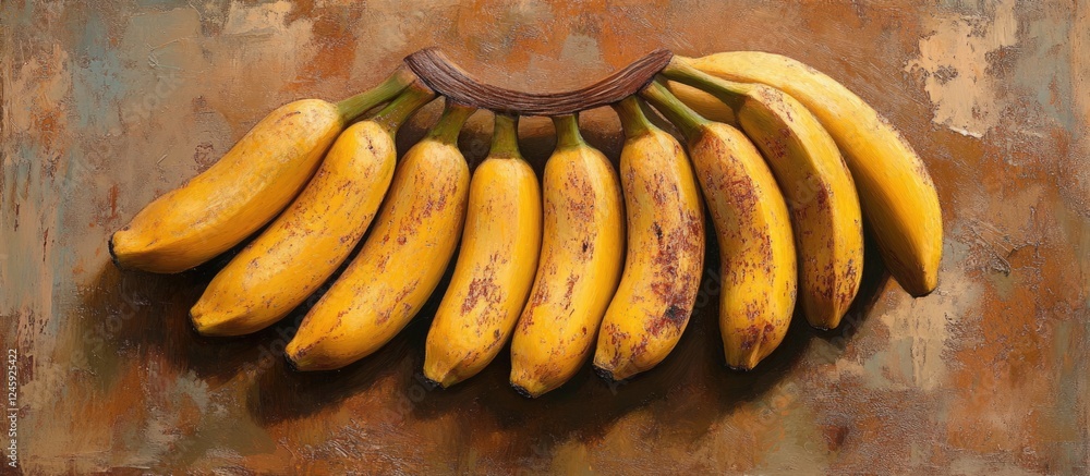 Poster close up view of ripe bananas arranged in a semi-circle on a rustic brown textured background showca