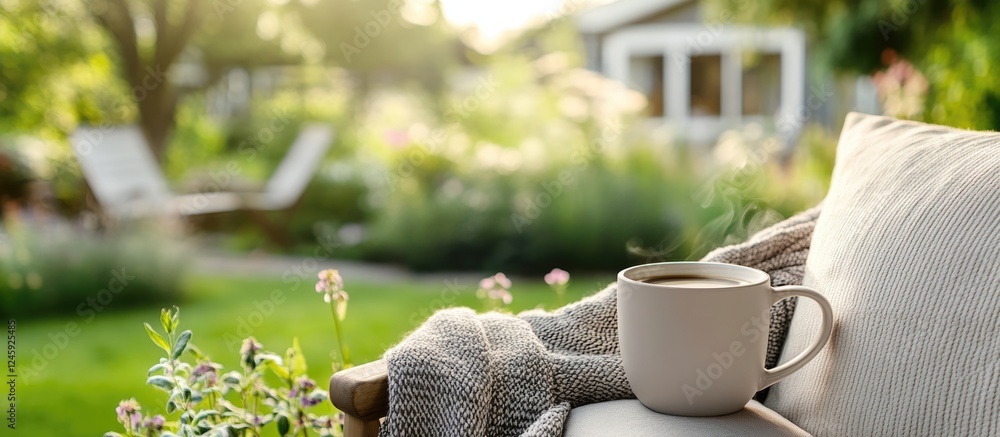 Poster Scenic cappuccino cup resting on a sofa in a summer garden near a Scandinavian house with lush greenery and empty text space.