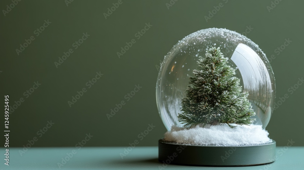 Poster christmas snow globe with pine tree and snowflakes on a green background empty space for holiday tex